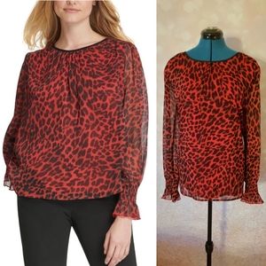 DKNY Red Zippered Animal Print Blouse